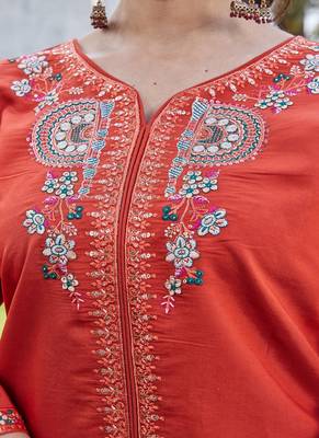 rust embroidered silk party wear kurta palazzo set for women 4