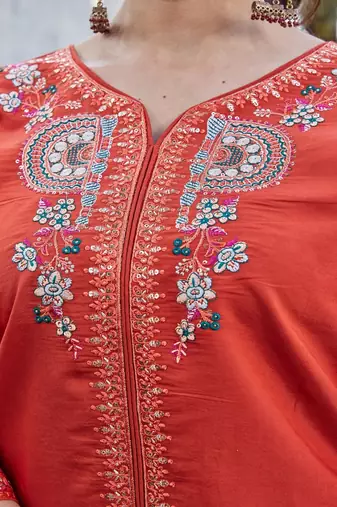 rust embroidered silk party wear kurta palazzo set for women