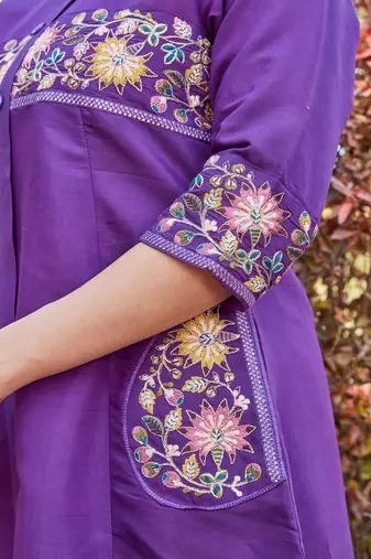 purple embroidered silk kurta palazzo set for women	