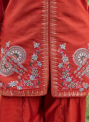 rust embroidered silk party wear kurta palazzo set for women 5
