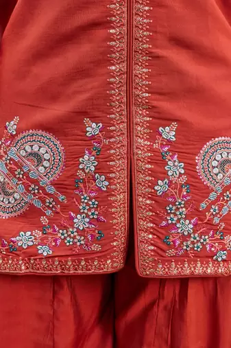 rust embroidered silk party wear kurta palazzo set for women