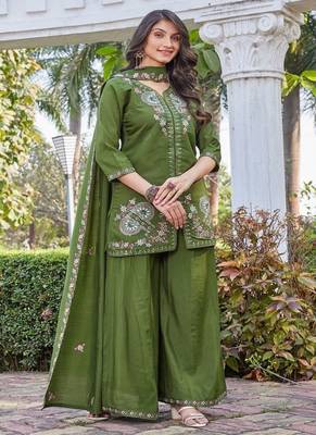green embroidered silk party wear kurta palazzo set for women 1
