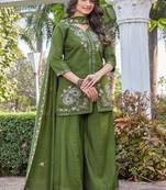 green embroidered silk party wear kurta palazzo set for women