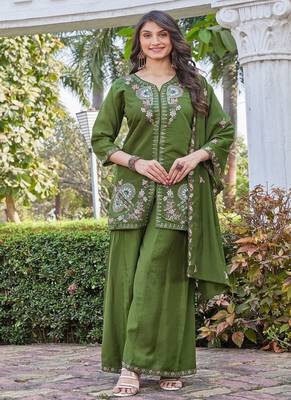 green embroidered silk party wear kurta palazzo set for women 2