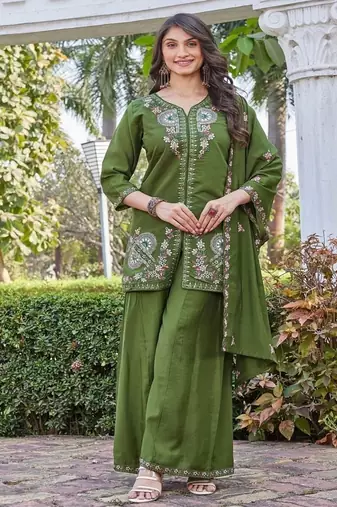 green embroidered silk party wear kurta palazzo set for women