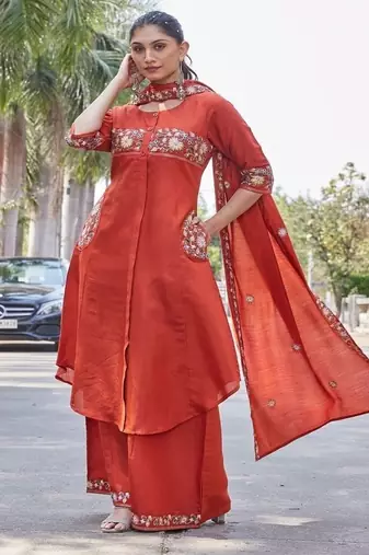 Rust embroidered kurta plazzo set with silk dupatta party wear