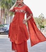 rust embroidered silk kurta palazzo set for women