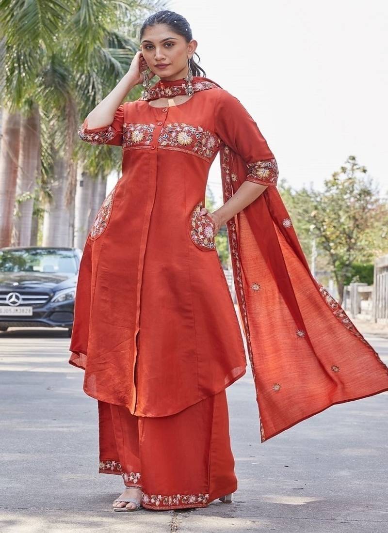 Rust embroidered kurta plazzo set with silk dupatta party wear