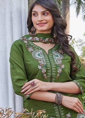 green embroidered silk party wear kurta palazzo set for women 4