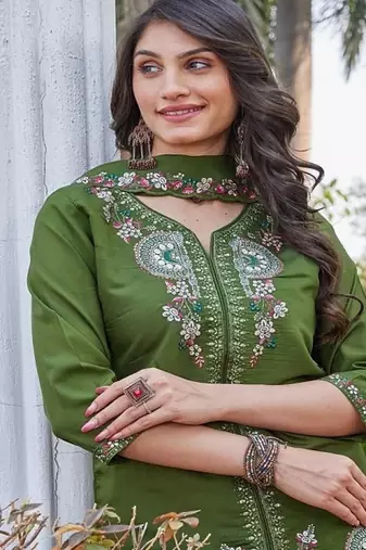 green embroidered silk party wear kurta palazzo set for women