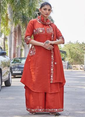 rust embroidered silk kurta palazzo set for women 2