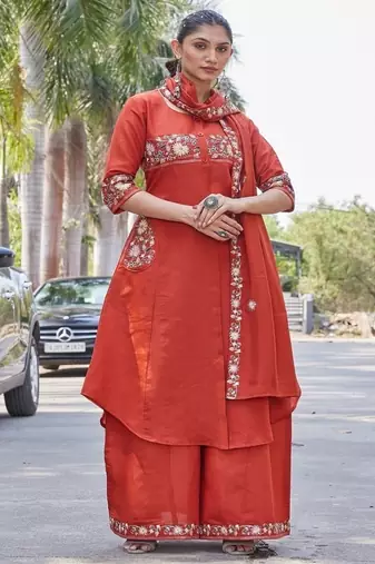 rust embroidered silk kurta palazzo set for women