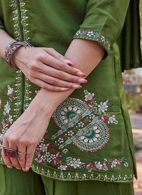 green embroidered silk party wear kurta palazzo set for women 5