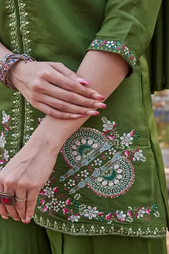 green embroidered silk party wear kurta palazzo set for women