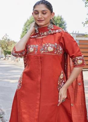 rust embroidered silk kurta palazzo set for women 3