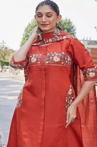 rust embroidered silk kurta palazzo set for women