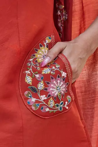 rust embroidered silk kurta palazzo set for women