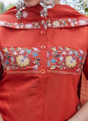 rust embroidered silk kurta palazzo set for women 5