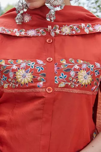 rust embroidered silk kurta palazzo set for women
