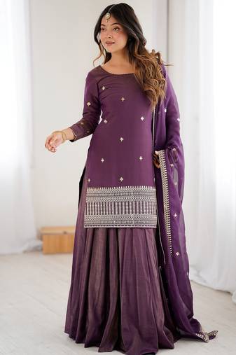 Bewitching Purple Zari Work Silk Designer Lehenga With Kurti