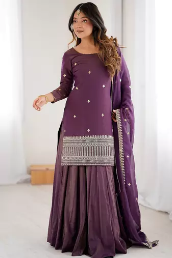 Bewitching Purple Zari Work Silk Designer Lehenga With Kurti