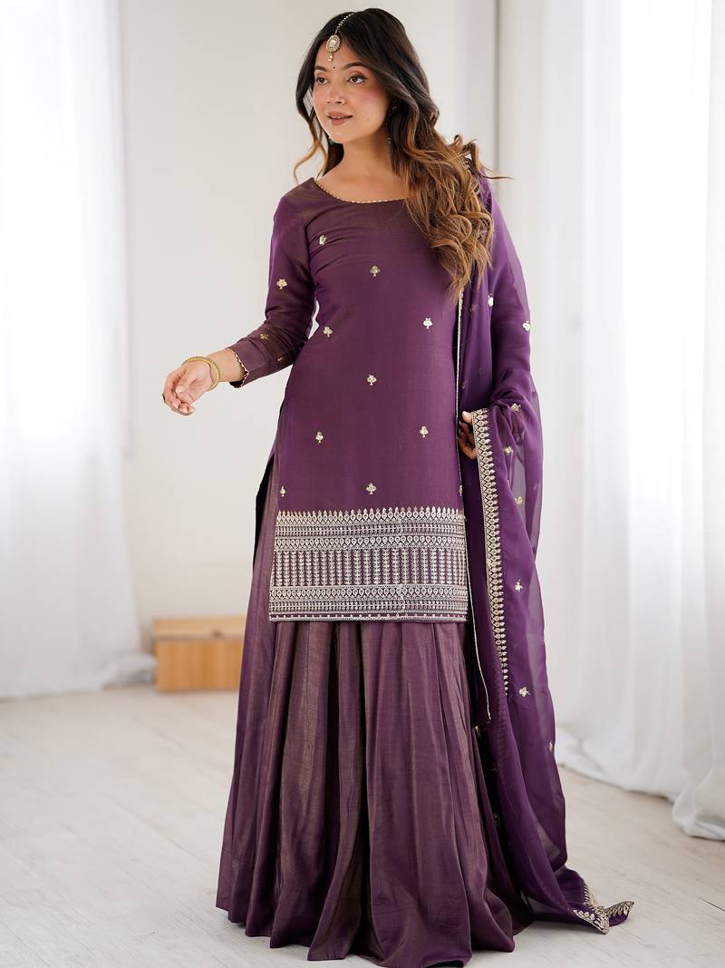 Bewitching Purple Zari Work Silk Designer Lehenga With Kurti