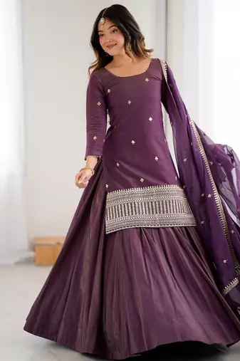 Bewitching Purple Zari Work Silk Designer Lehenga With Kurti