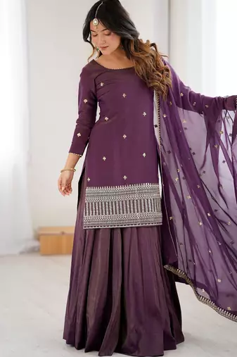 Bewitching Purple Zari Work Silk Designer Lehenga With Kurti