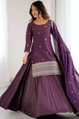 Bewitching Purple Zari Work Silk Designer Lehenga With Kurti