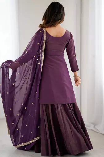 Bewitching Purple Zari Work Silk Designer Lehenga With Kurti