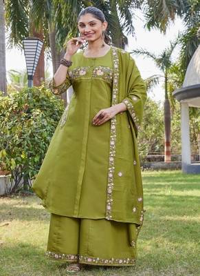 green embroidered silk kurta palazzo set for women 1