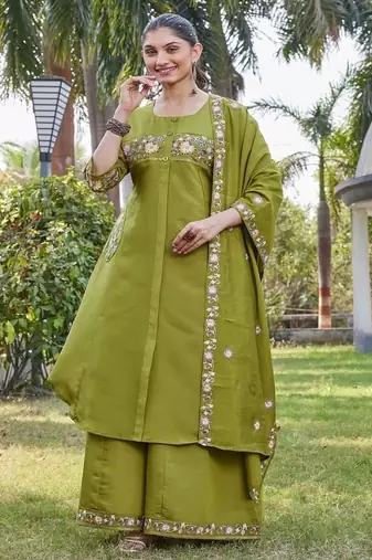 Green embroidered kurta plazzo set with silk dupatta party wear
