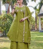 green embroidered silk kurta palazzo set for women