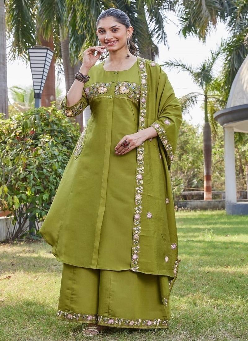 Green embroidered kurta plazzo set with silk dupatta party wear
