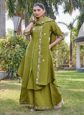green embroidered silk kurta palazzo set for women 2