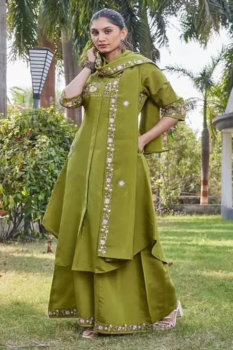 green embroidered silk kurta palazzo set for women