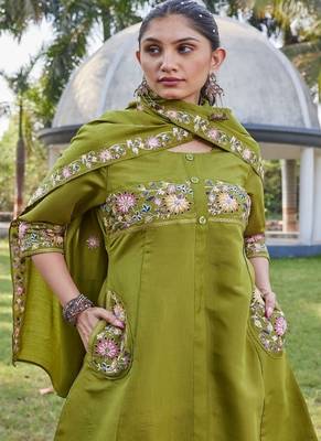 green embroidered silk kurta palazzo set for women 3