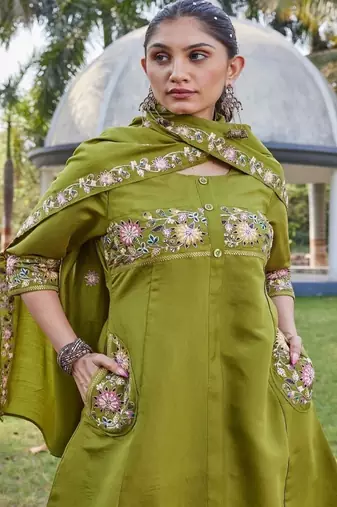 green embroidered silk kurta palazzo set for women