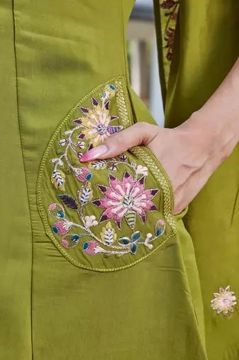 green embroidered silk kurta palazzo set for women