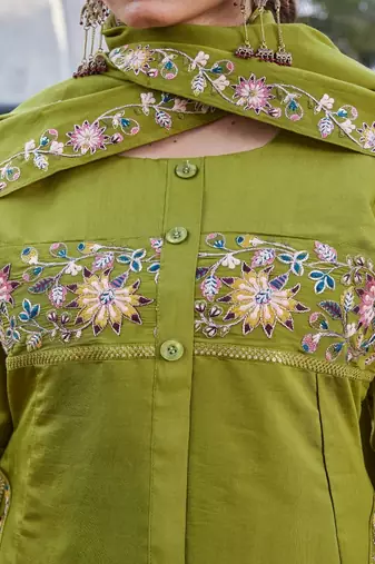 green embroidered silk kurta palazzo set for women