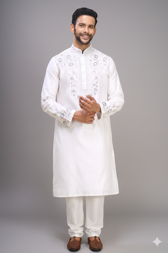 white silk embroidered mirror work kurta pant set for men
