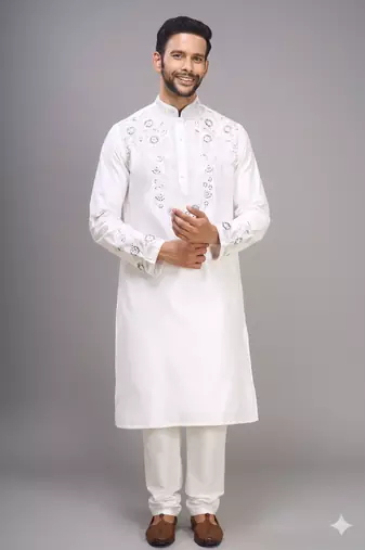 white silk embroidered mirror work kurta pant set for men