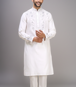 white silk embroidered mirror work kurta pant set for men