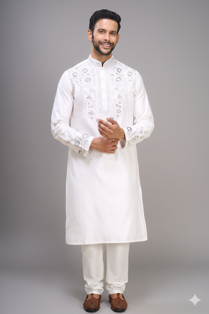 white silk embroidered mirror work kurta pant set for men