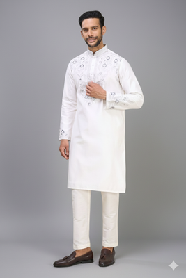 white silk embroidered mirror work kurta pant set for men 2
