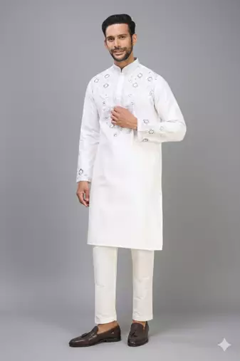 white silk embroidered mirror work kurta pant set for men