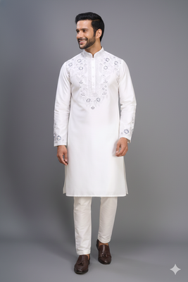 white silk embroidered mirror work kurta pant set for men 3