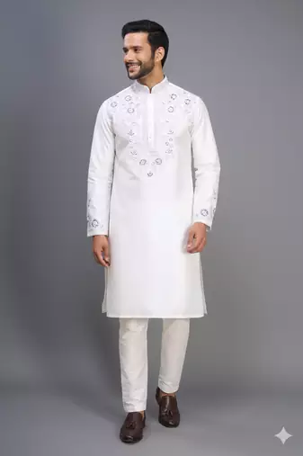 white silk embroidered mirror work kurta pant set for men