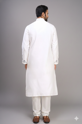 white silk embroidered mirror work kurta pant set for men 4