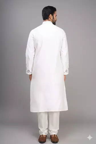 white silk embroidered mirror work kurta pant set for men